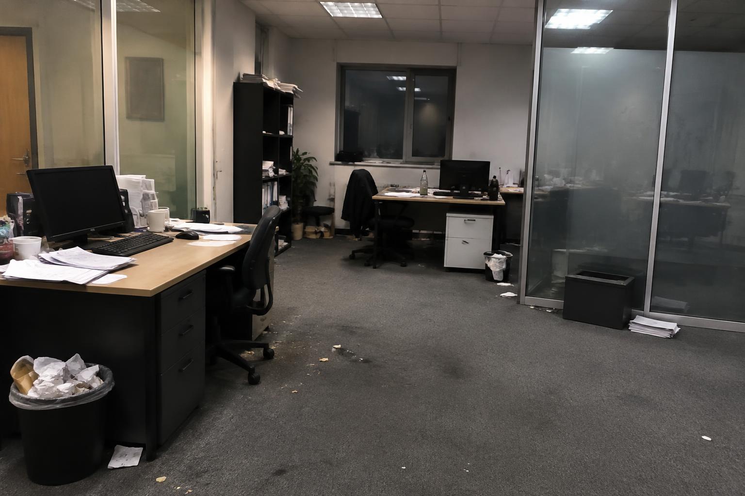 Office space — desks, carpet & glass before cleaning